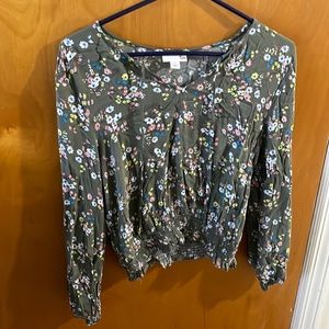 Blouse, large, green with florals. Long sleeve.